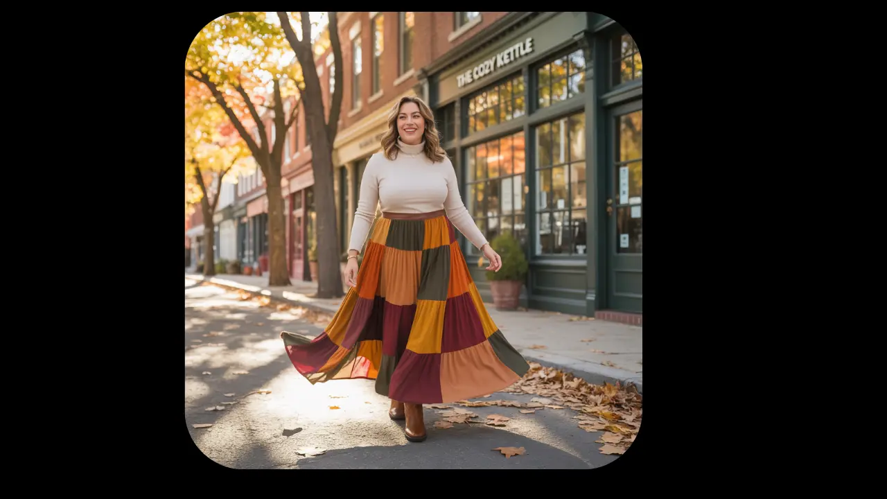 Autumn street style outfit with a plus size patchwork maxi skirt.