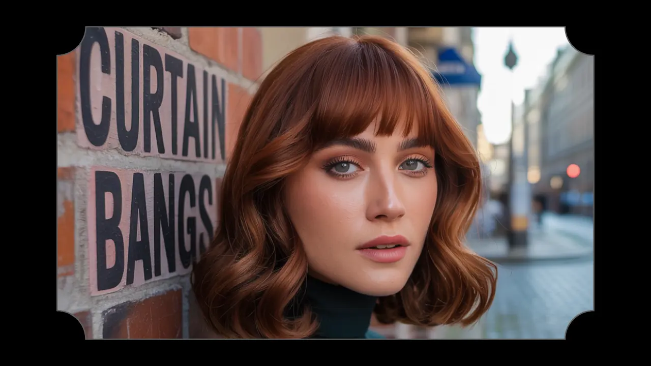 Woman with trendy curtain bangs hairstyle posing outdoors.