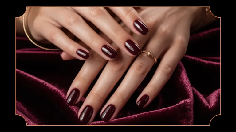 Glossy dark cherry wine nails with dip glamour, paired with velvet and gold accessories.