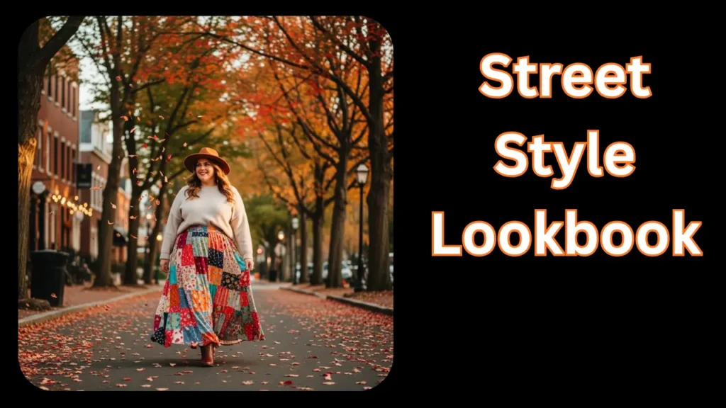 Plus size patchwork maxi skirt styled for autumn street fashion.