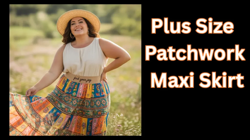 Plus size woman wearing a colorful patchwork maxi skirt with bohemian patterns, standing outdoors in a casual yet stylish outfit.