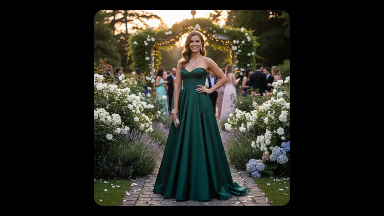 Strapless wedding guest look with accessories and comfort hacks.