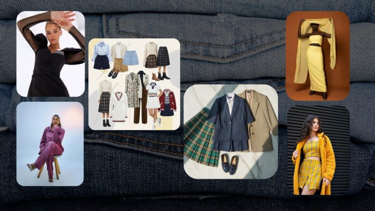 A collection of 2025 preppy outfit trends showcasing tailored shorts, plaid skirts, reimagined blazers, and athletic influences.