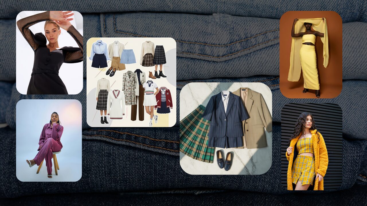 A collection of 2025 preppy outfit trends showcasing tailored shorts, plaid skirts, reimagined blazers, and athletic influences.