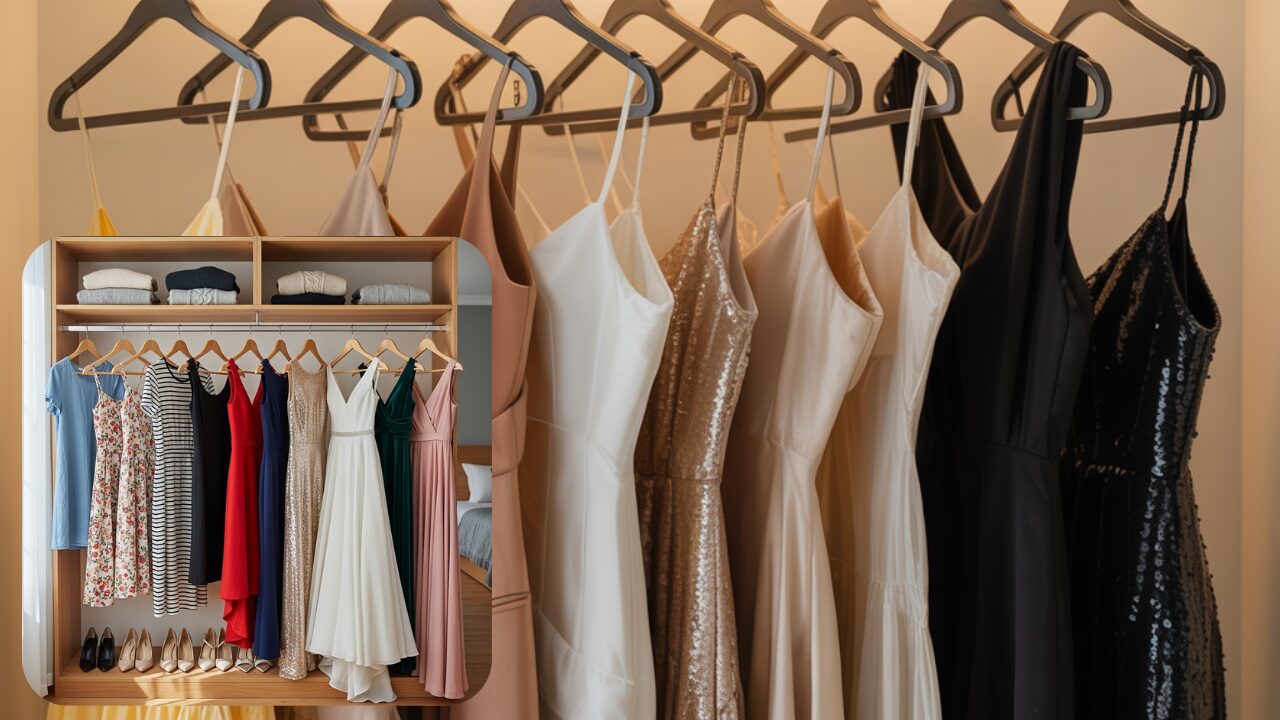 A wardrobe with 10 essential dresses every girl should have, including casual, formal, and seasonal styles.