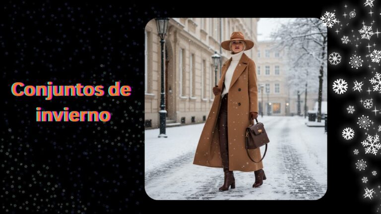 Mujer elegante con abrigo largo y botas altas posando en entorno urbano nevado.