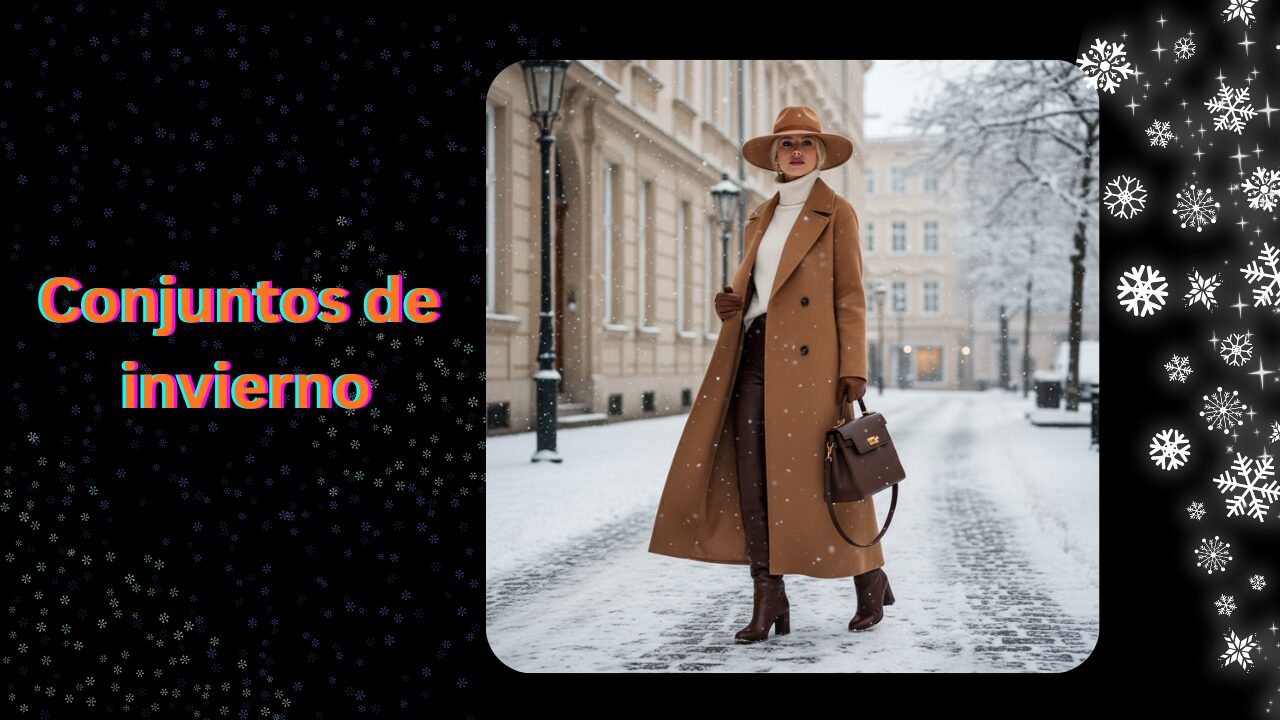 Mujer elegante con abrigo largo y botas altas posando en entorno urbano nevado.