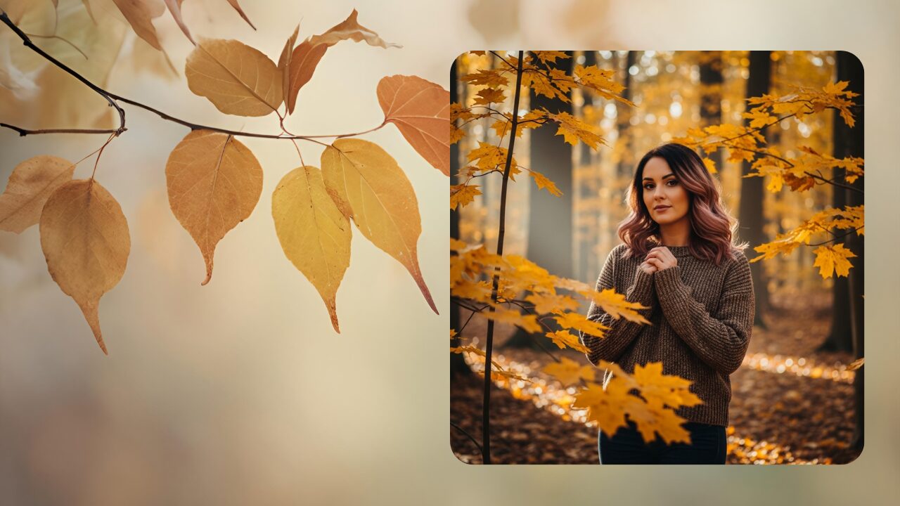 Woman with dark strawberry blonde hair styled in waves in autumn forest.
