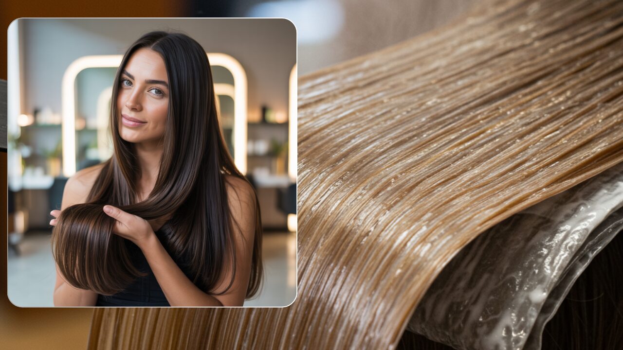 Woman after extenso hair treatment showing sleek, smooth glossy straight hair in salon.