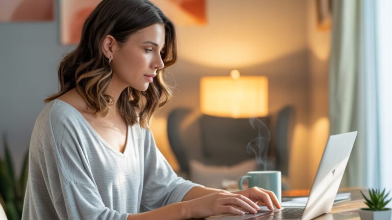 Woman wearing smart relaxed lounge set in home office.