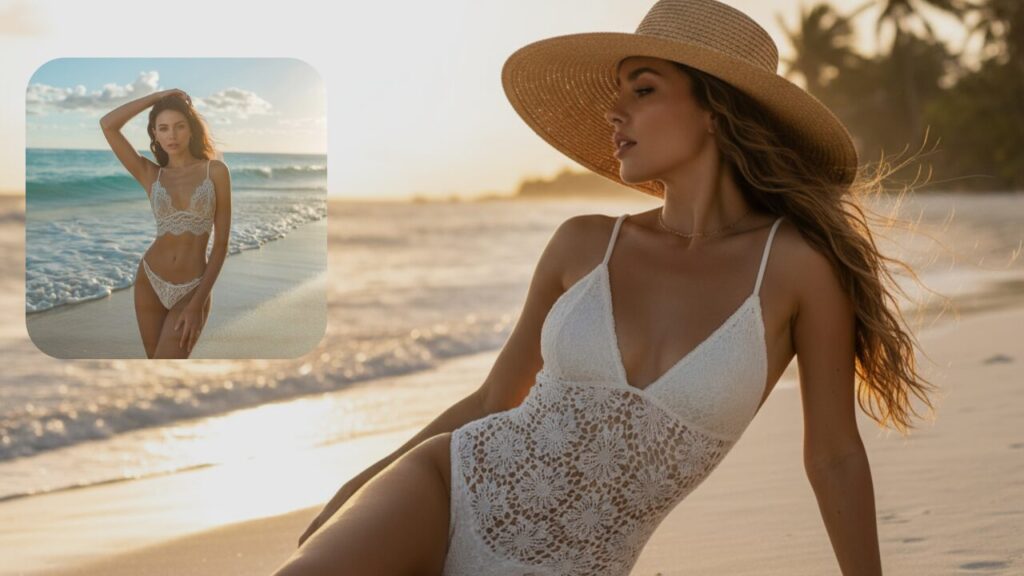 Woman in white lace bikini on beach highlighting lace detail