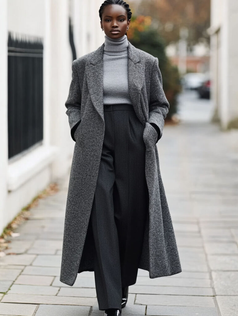 Look invernal monocromático con abrigo de textura destacada