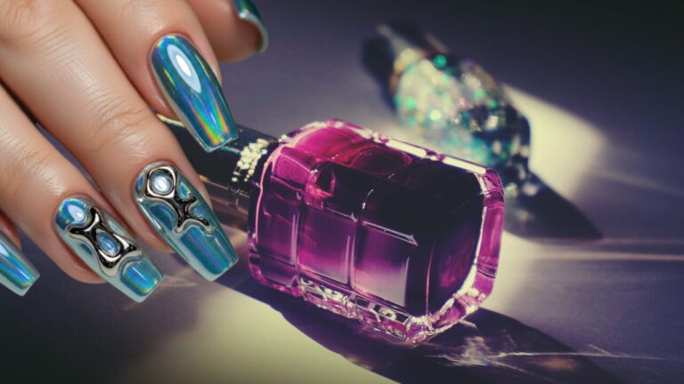 Futuristic holographic chrome manicure with 3D metallic accents