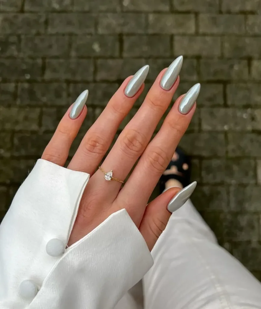 pointed chrome nails-with neutral grey silver color polish