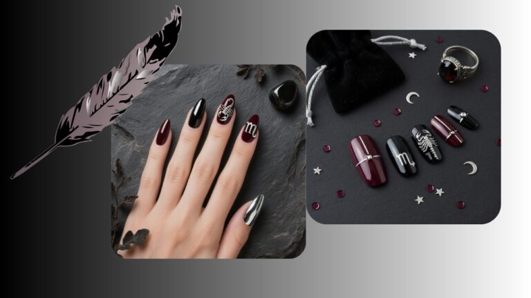 corpio-inspired nail designs featuring dark burgundy, black chrome and silver accents with zodiac glyph