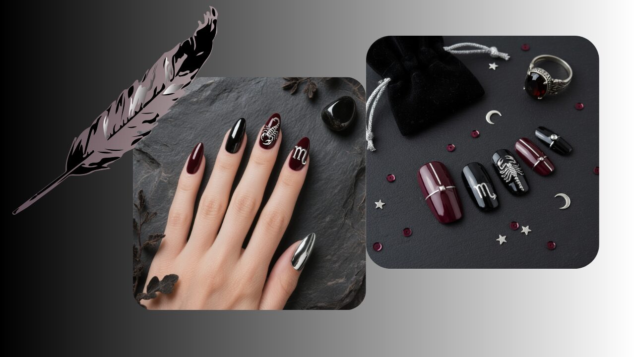 corpio-inspired nail designs featuring dark burgundy, black chrome and silver accents with zodiac glyph