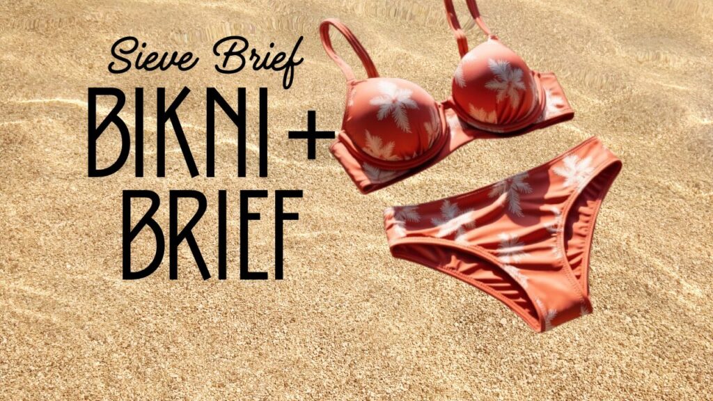 Flat-lay of a bikini and brief set on the beach background, representing Sieve Brief Bikni + Brief swimwear.