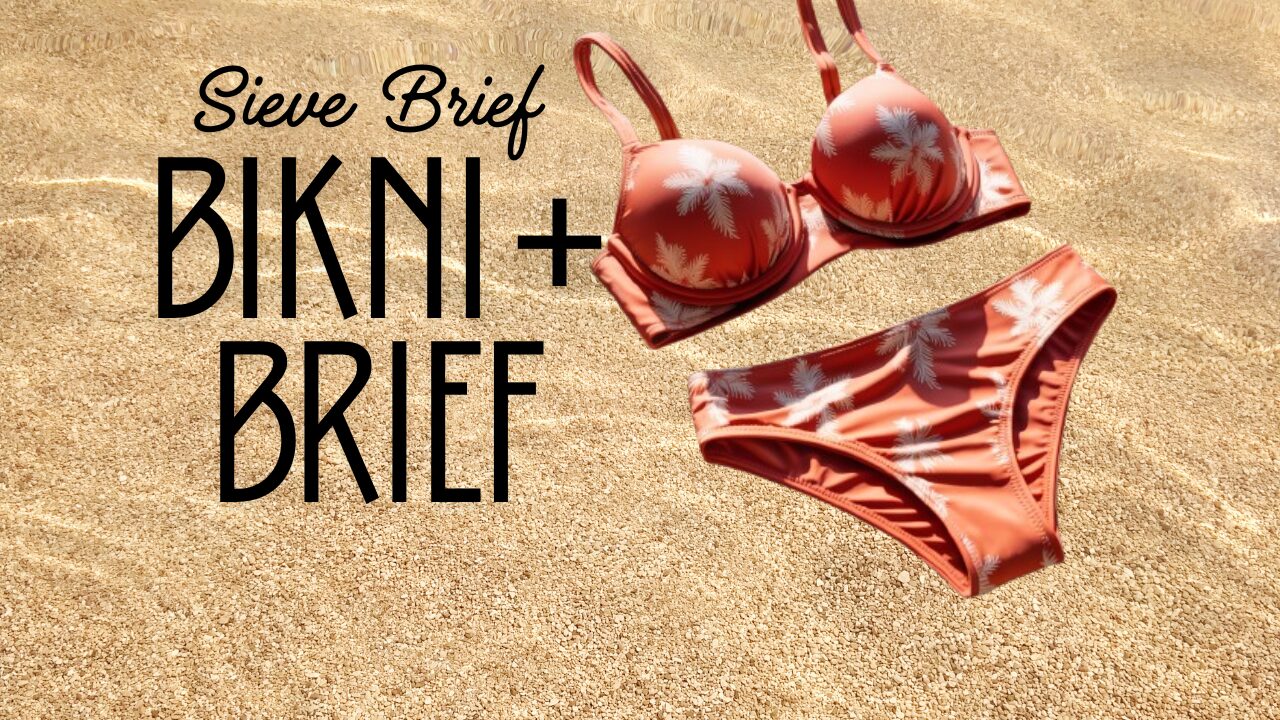 Flat-lay of a bikini and brief set on the beach background, representing Sieve Brief Bikni + Brief swimwear.