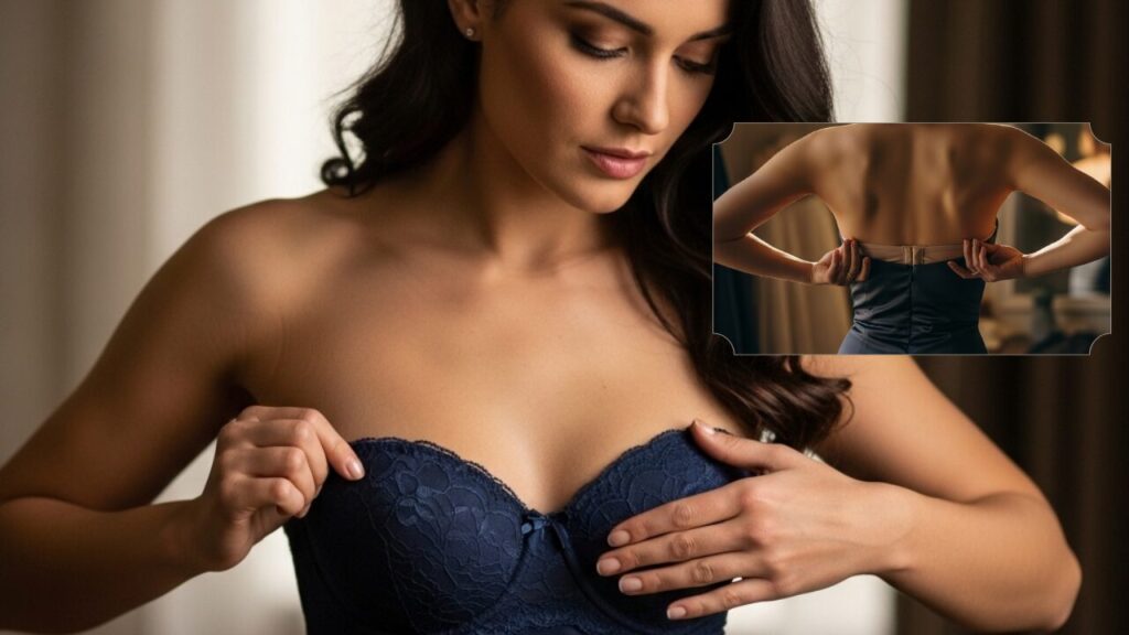 Woman adjusting strapless bra under her dress
