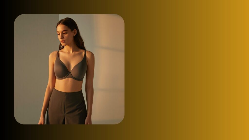 Woman wearing a nude uplift plunge bra under V-neck top