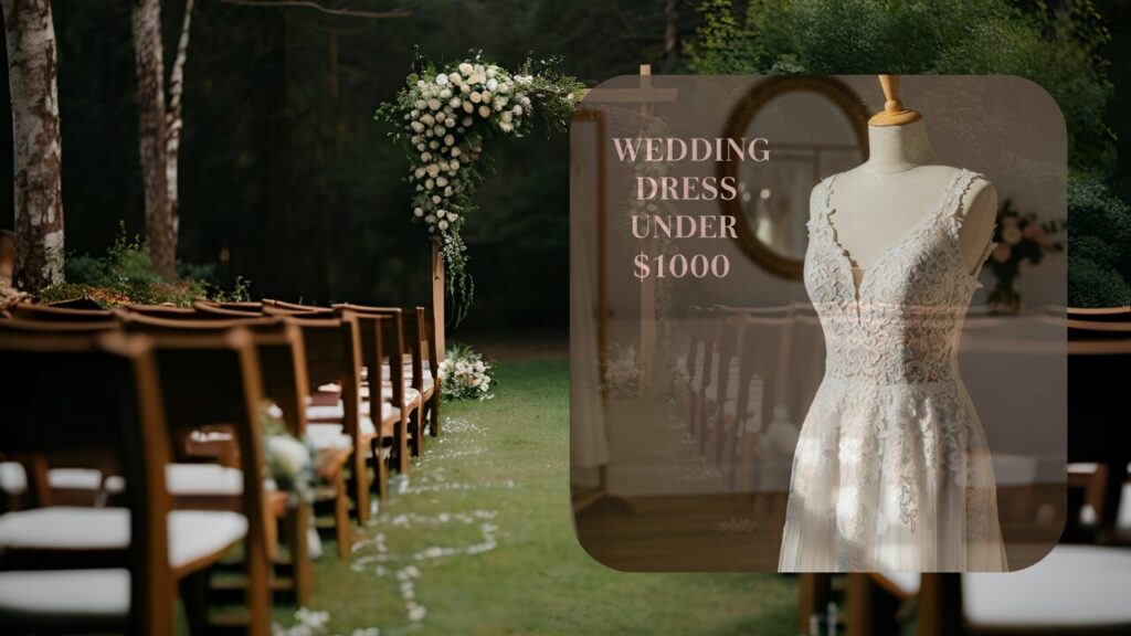 Bride in affordable A-line wedding dress under 1000 dollars standing outdoors