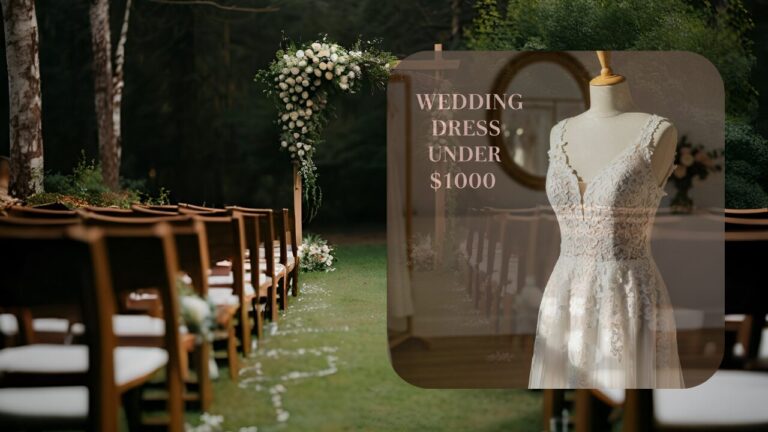 Bride in affordable A-line wedding dress under 1000 dollars standing outdoors