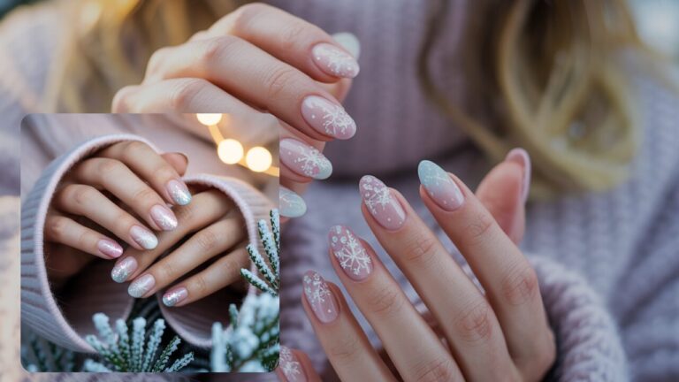 Winter coquette nails with pastel pink and white ombre, silver glitter, and snowflake nail art designs on elegant female hands.