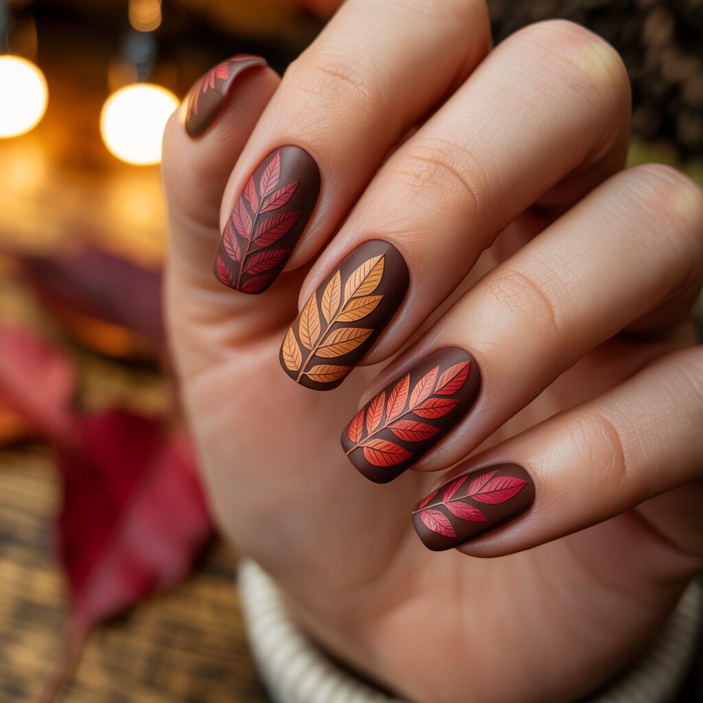 Brown fall nails with leaf pattern