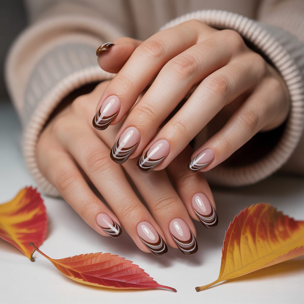 Brown and White Swirl French Autumn Nails Tips