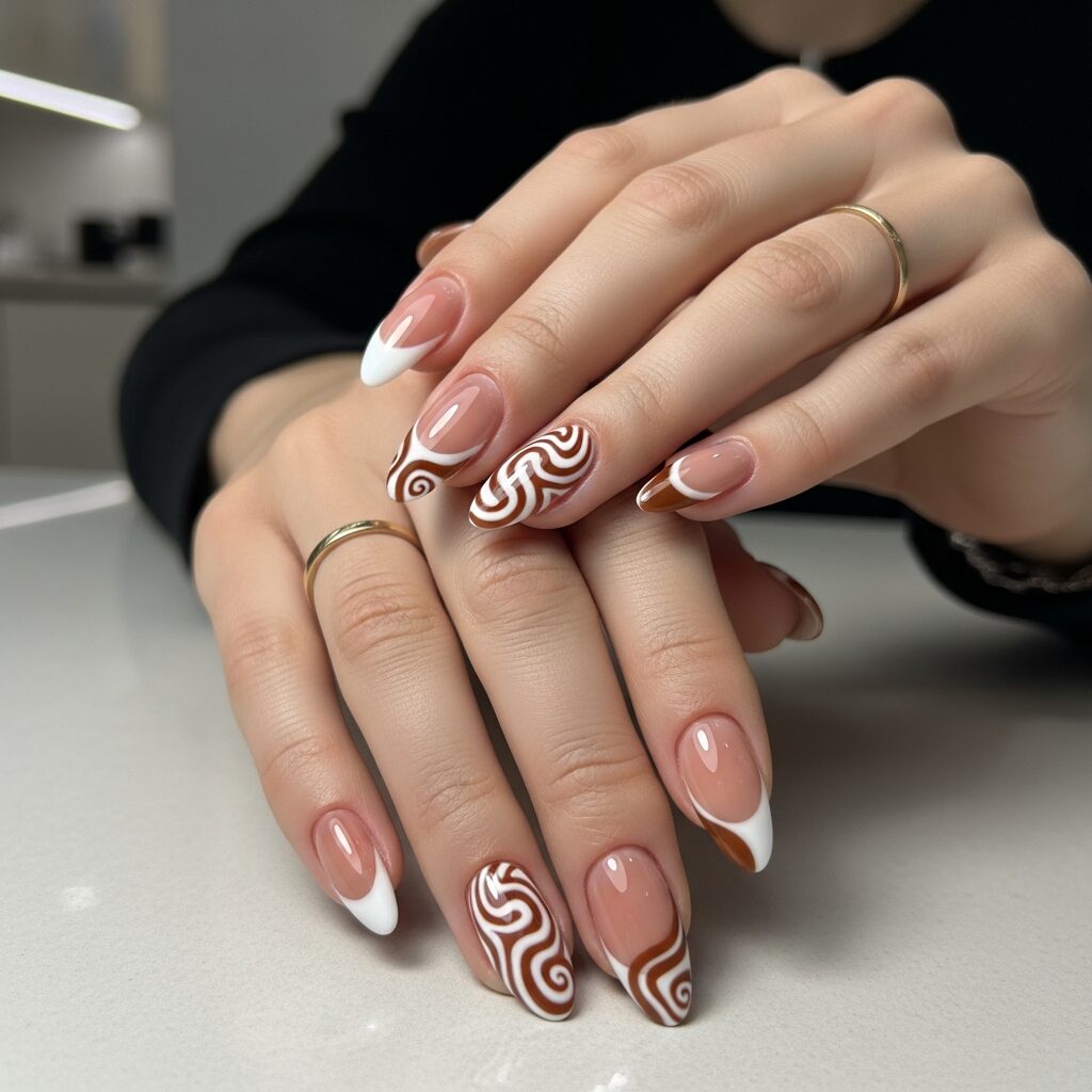 Brown and White Swirl French Nails