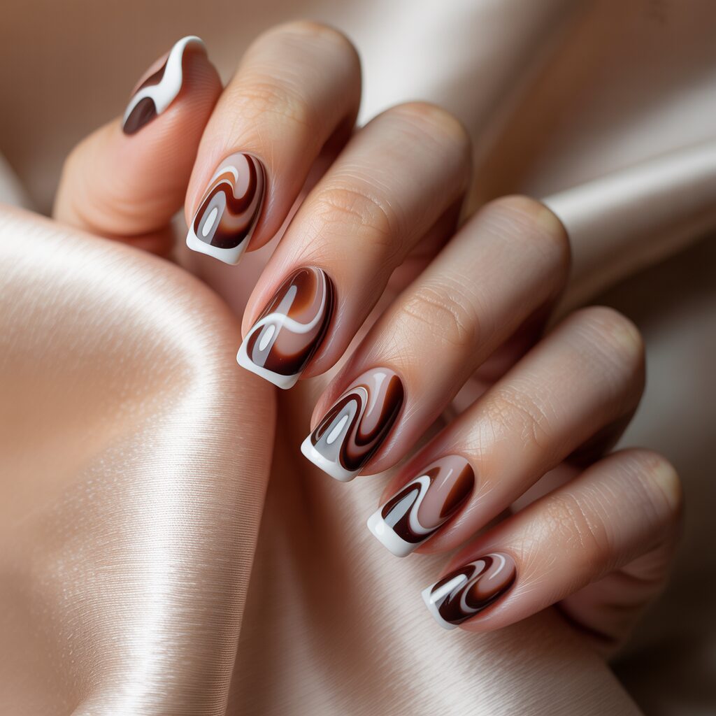 Brown and White Swirl French Short Nails