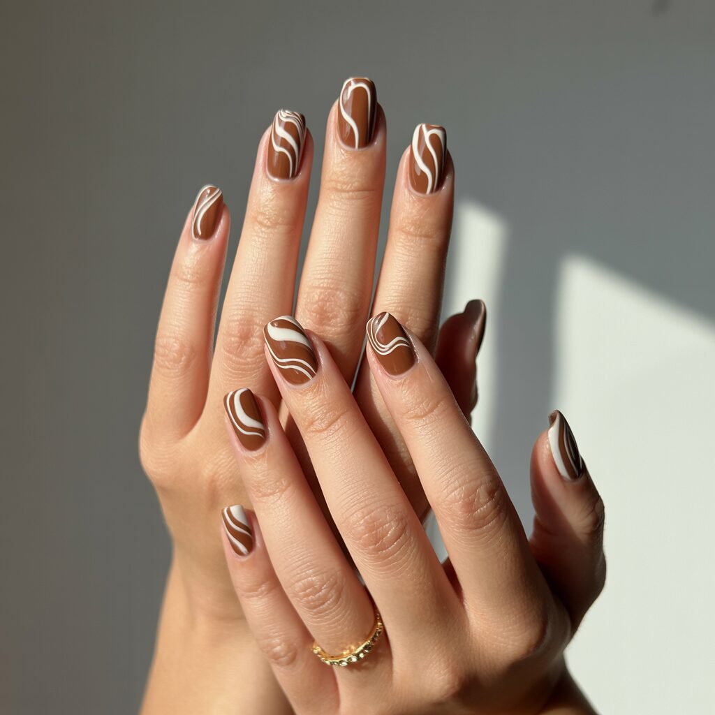Brown and White Swirl French Tips Look