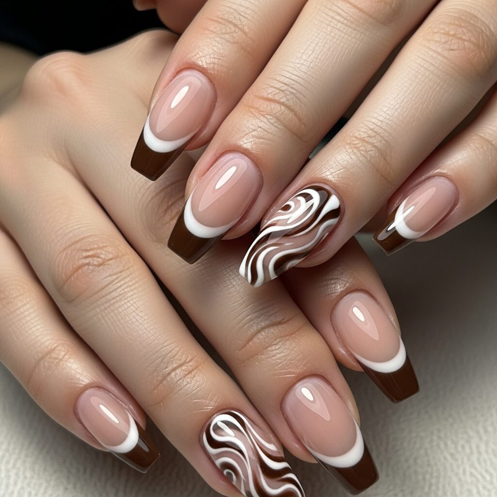 Perfect Brown and White Swirl French for Every Nail Length