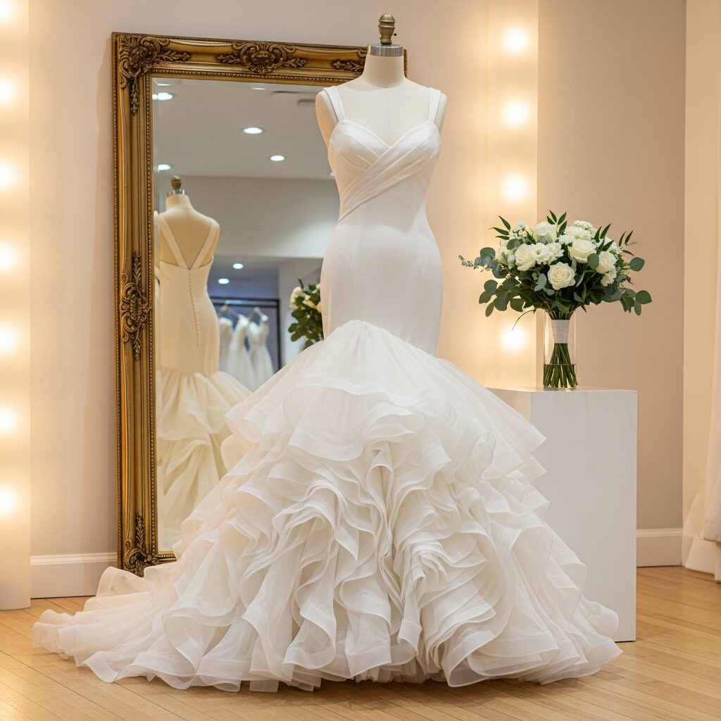 Ruffled organza mermaid wedding dress showcasing intricate details and a flattering silhouette