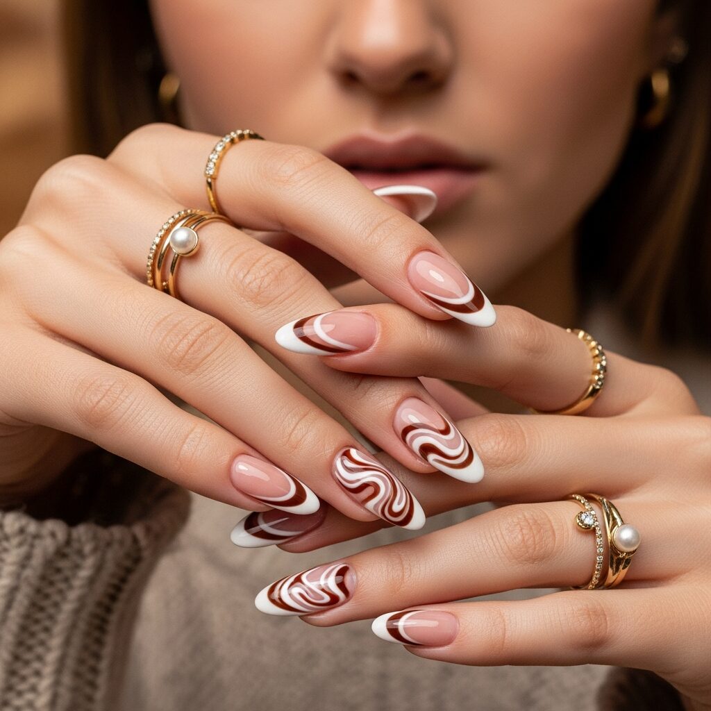 Styling Ideas with Brown and White Swirl French Nails