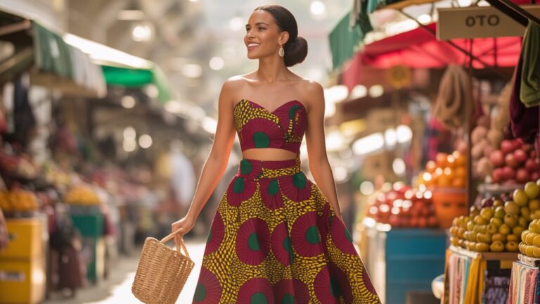 A woman wearing a chic Ankara two piece outfit featuring a vibrant skirt and top set with bold African prints. Perfect for casual outings or formal events.