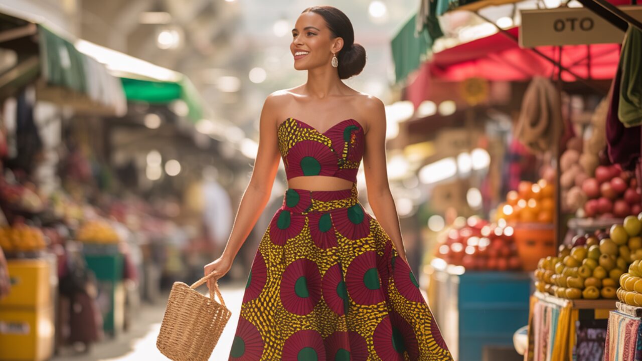 A woman wearing a chic Ankara two piece outfit featuring a vibrant skirt and top set with bold African prints. Perfect for casual outings or formal events.