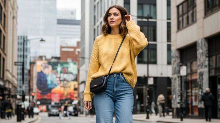Female model wearing relaxed wide-leg jeans and pastel jumper in urban environment – casual fashion inspo in 2025