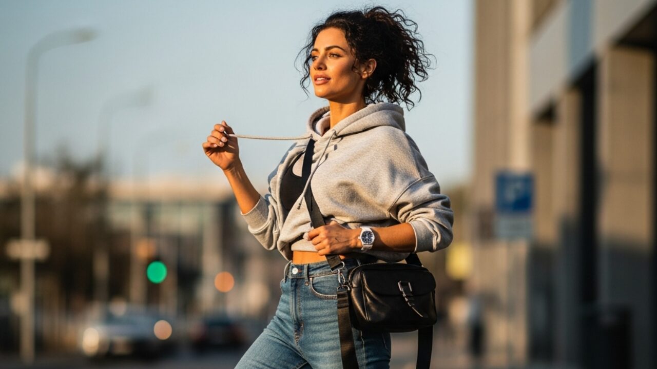 A woman wearing a casual sporty outfit combining sporty basics with casual accents