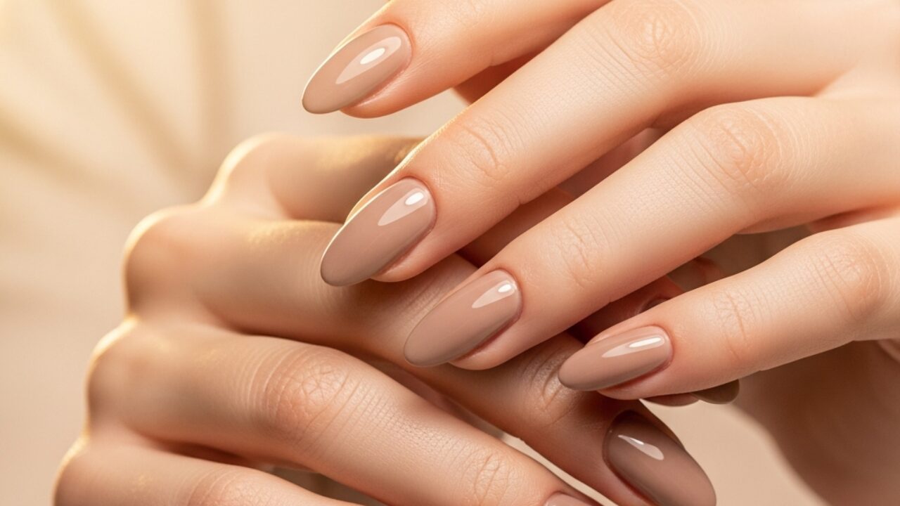 Hands with classy neutral nail aesthetic softly lit