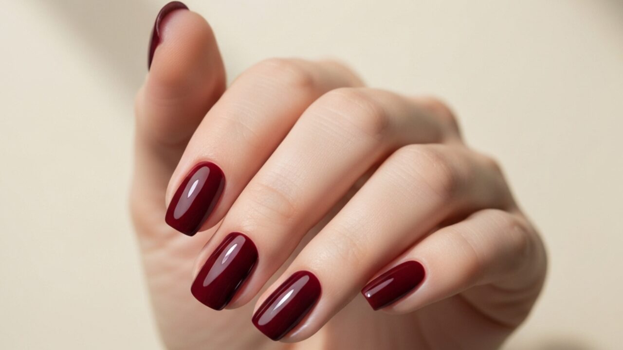Hand with dark cherry wine nails in glossy finish