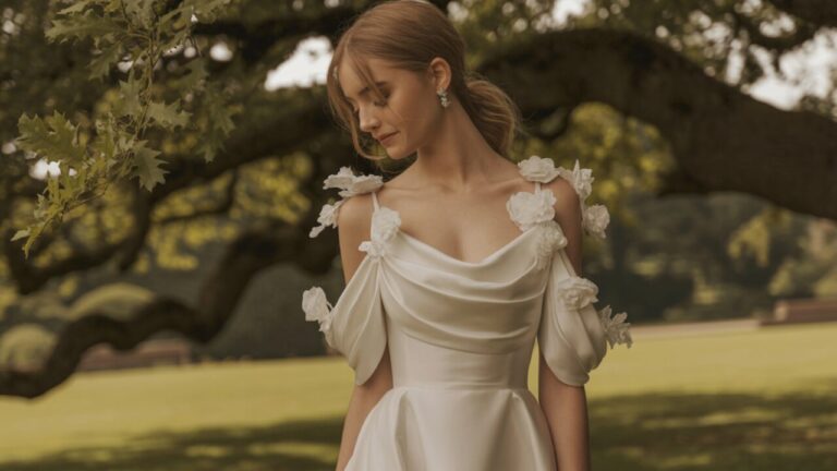 Bride in sculptural radiance wedding dress with floral lace appliqués and elegant drape