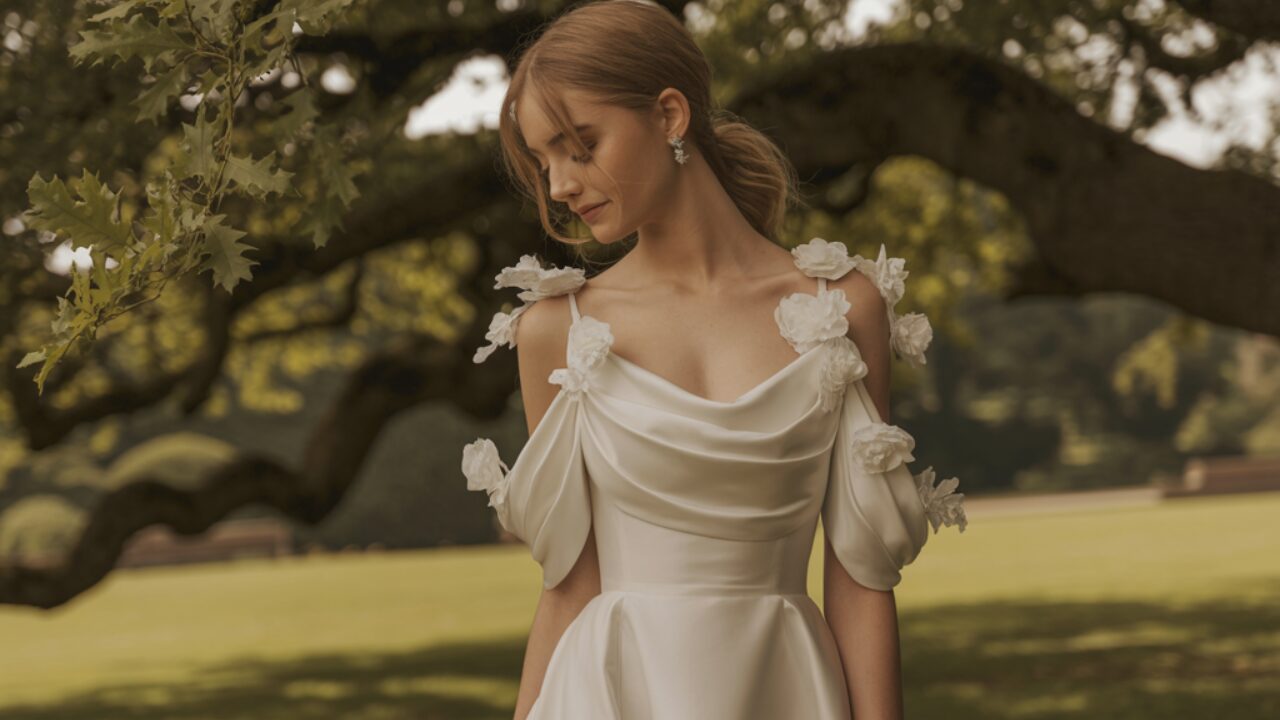 Bride in sculptural radiance wedding dress with floral lace appliqués and elegant drape