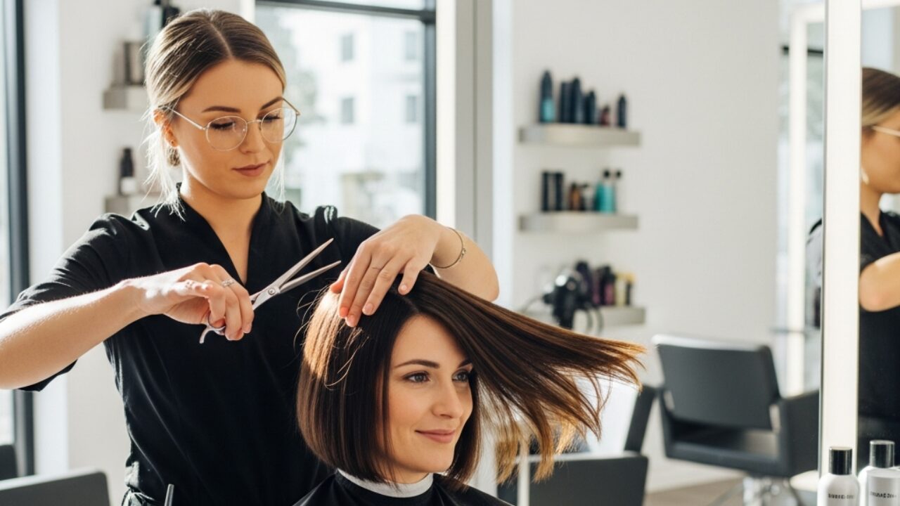 Stylish woman receiving a stunning haircut in salon, bob style with volume and bounce.