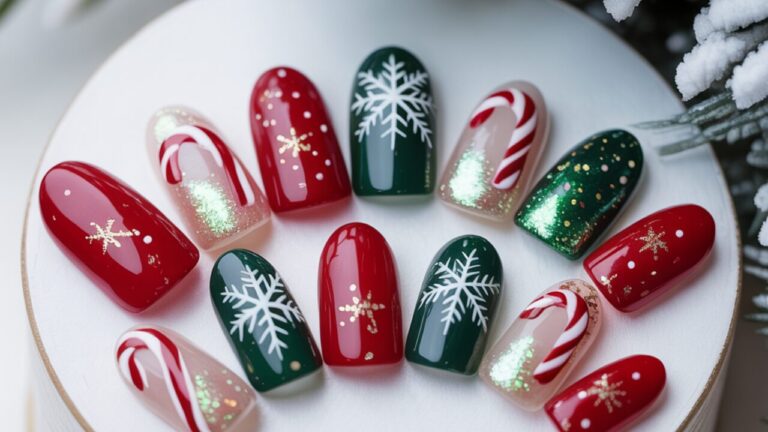 Short and simple swoon-worthy Christmas nails with festive red, green, and gold designs.