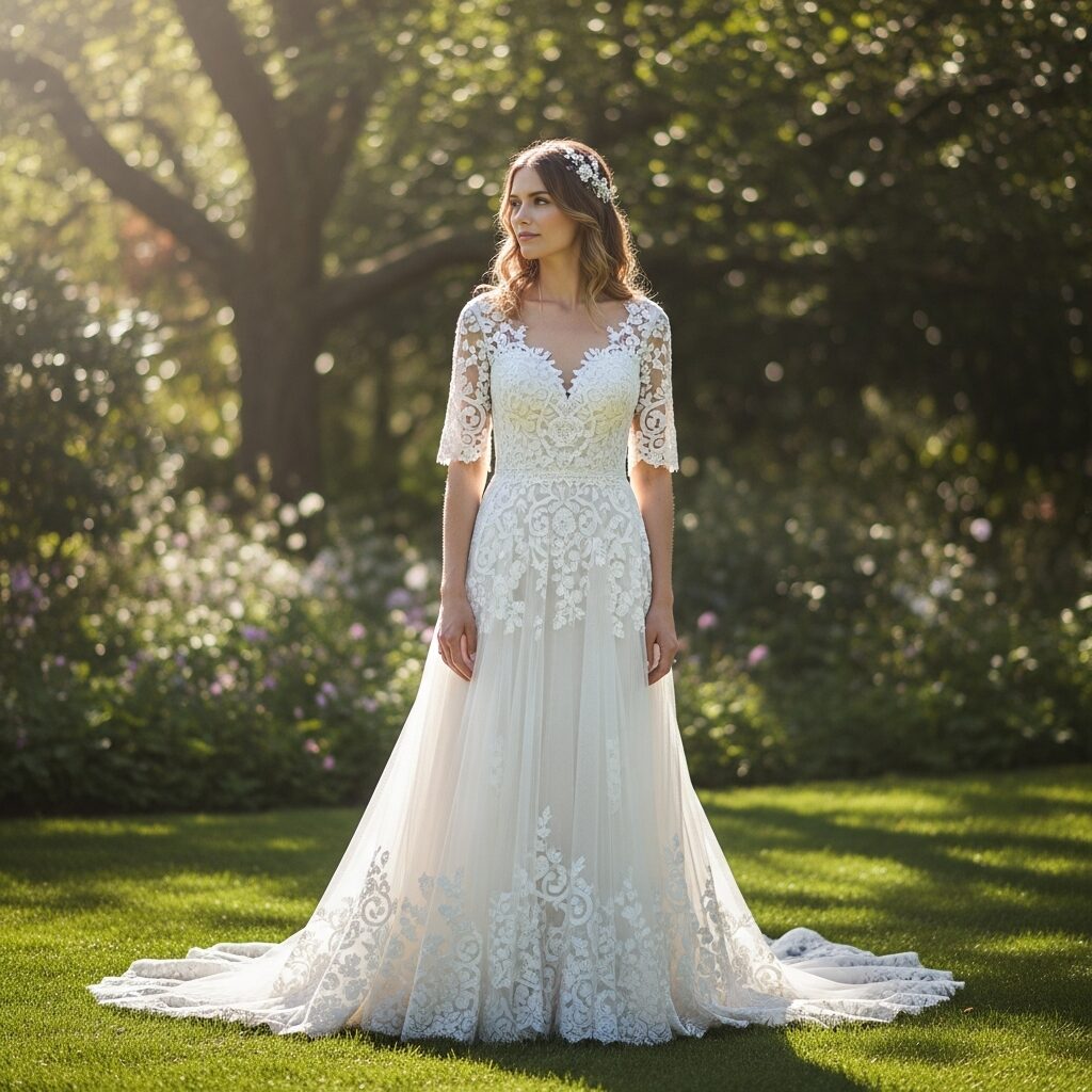 Bride in a soft white bridal gown with light embroidery.