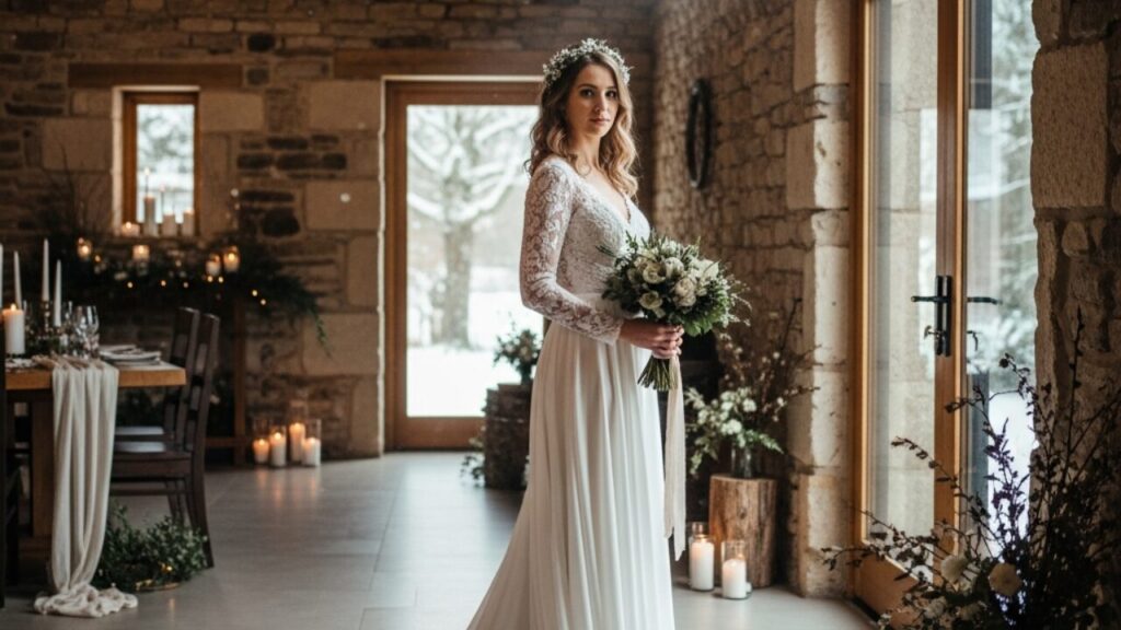 Bride in ivory wedding dress standing in a winter UK venue