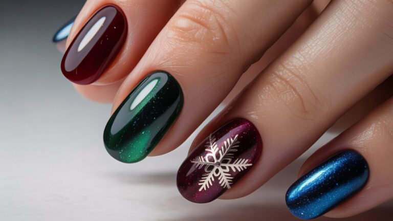 Winter 2025’s hottest nail trends featuring rich jewel tones, iced champagne magnetic nails and glossy dark cherry manicure