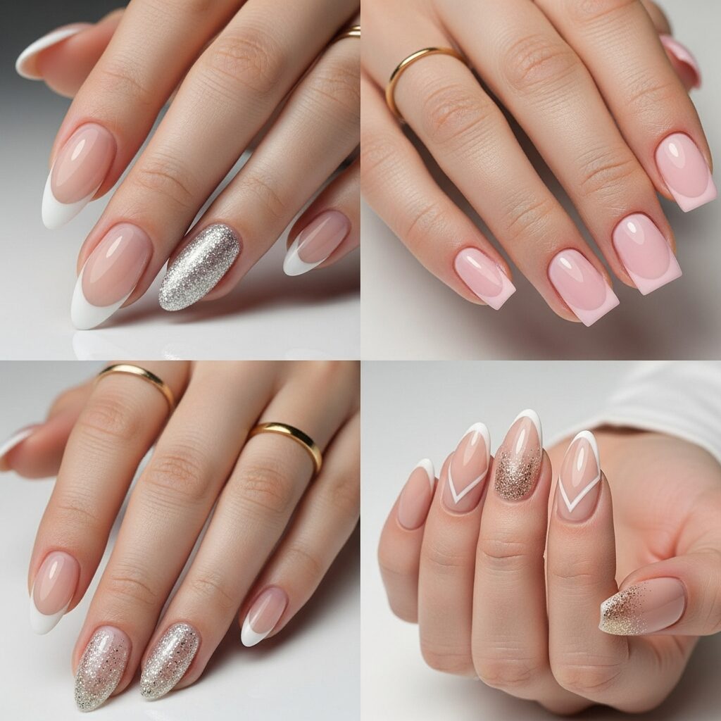 Collage of French tip nails wedding styles including glitter, short, and almond-shaped
