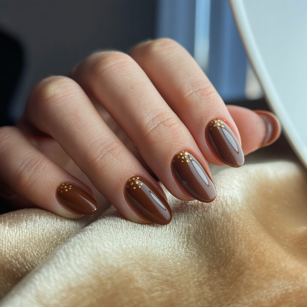 Short almond shaped brown nails with gold accent dots